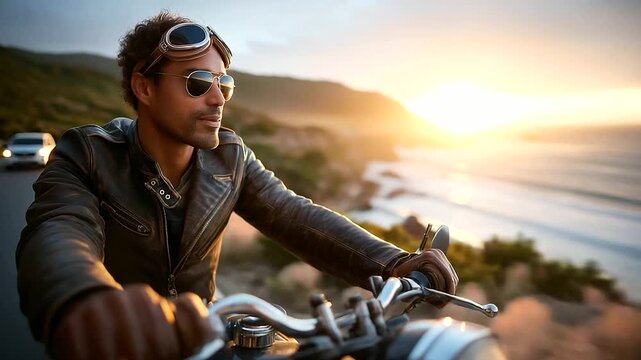 Man cruising on vintage motorcycle along coastal road, wind and sun, leather jacket and goggles, timeless freedom, 1950s adventure, craftsmanship and power, nostalgic travel energy
