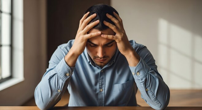 Frustrated Young Man with Dark Hair in Blue Shirt Showing Signs of Stress in Modern Indoor Setting