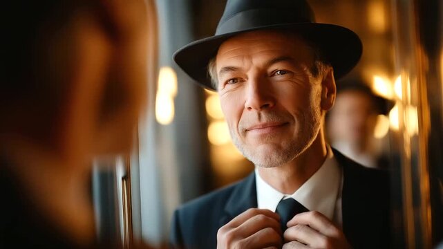 Elegant man wearing fedora adjusting tie in mirror, warm lighting, 1930s style confidence, timeless masculinity, fashion heritage, cinematic elegance, sophistication and poise, wit
