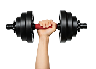 Hand holding a heavy black dumbbell, representing fitness and strength training. Isolated on transparent background, png