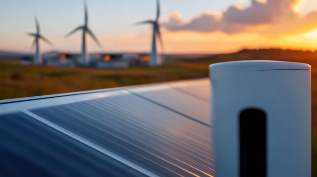 Solar panel charging system with wind turbines at sunset