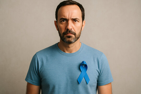 Man Wearing Blue Ribbon for Prostate Cancer Awareness – Support for Early Detection