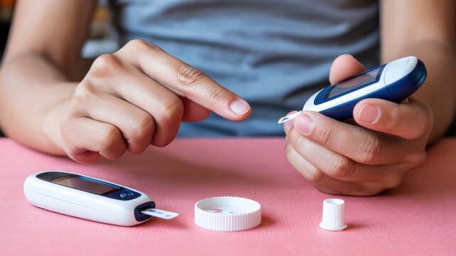 Person preparing to check blood sugar with a glucometer on a pink surface in a close up shot