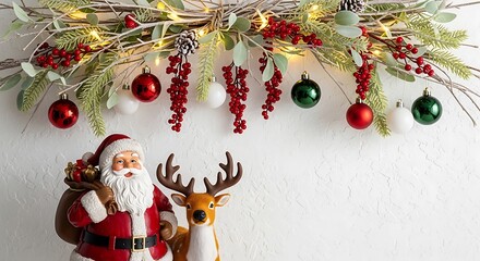 decorative christmas border with lights garland and coniferous branches isolated with santa and reindeer