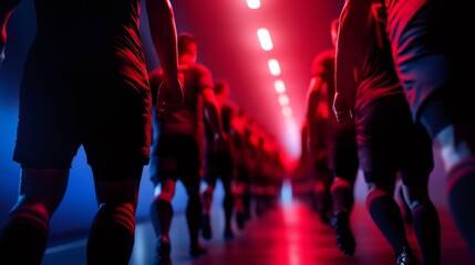 Soccer players walking to stadium field in tunnel