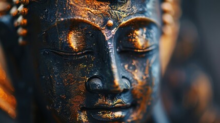 Obraz premium Close-up of a bronze Buddha statue with intricate details. The serene expression and textured surface highlight the craftsmanship and spiritual significance.