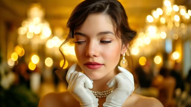 Young debutante at traditional ball, white gown and gloved hands, chandeliers above, poised expression, timeless elegance, society tradition, cinematic refinement, with copy space