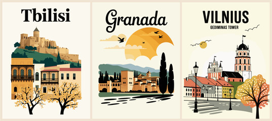 Vintage-style vector travel poster triptych of Tbilisi, Granada, and Vilnius with iconic landmarks, geometric architecture, warm oranges, yellows, greens, and minimalist European cityscapes