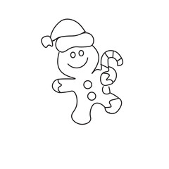 Gingerbread man outline with Santa hat and candy cane simple vector illustration for Christmas designs isolated on white background