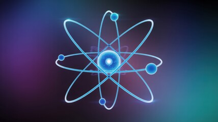Glowing blue atom model with orbiting electrons on a colorful gradient background illustration