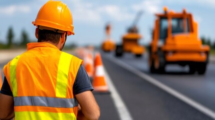 Construction worker standing on highway during road work