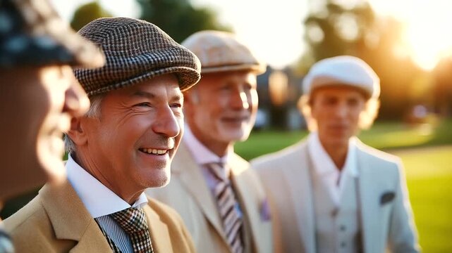 Friends playing traditional golf at countryside club, tweed outfits and laughter, 1920s leisure, elegance and sport, timeless camaraderie, refined nostalgia, pastoral scene, with c