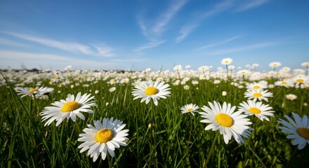 A field full of daisies under a bright blue sky with wispy clouds on a clear sunny day in spring time