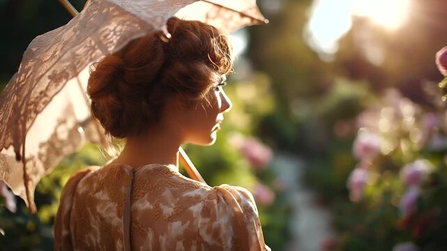 Lady strolling with vintage lace parasol in garden, floral path and soft wind, timeless elegance, old-world femininity, poetic nostalgia, cinematic beauty, serene atmosphere, with