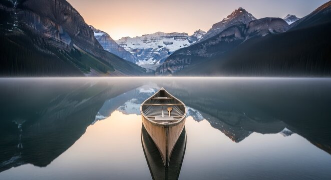 Canoe resting on a still lake reflecting snow capped mountains under a hazy sky at sunrise or sunset - Powered by Adobe