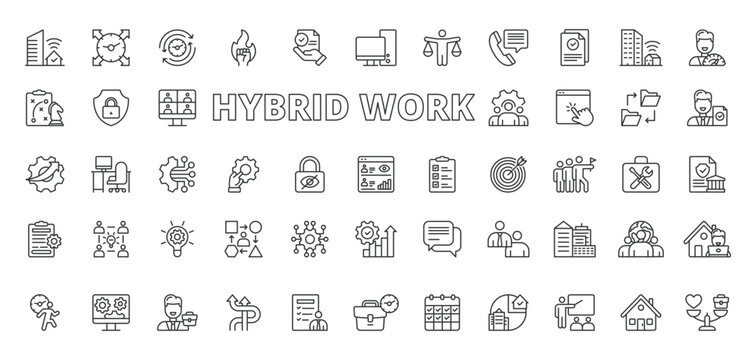 Hybrid work icons in line design. hybrid work, remote, office, communication, teamwork, video call, laptop on white background vector. Hybrid work editable stroke icons. - Powered by Adobe