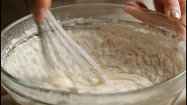 Adding flour to pancake batter and whisking in a glass bowl in slow motion
