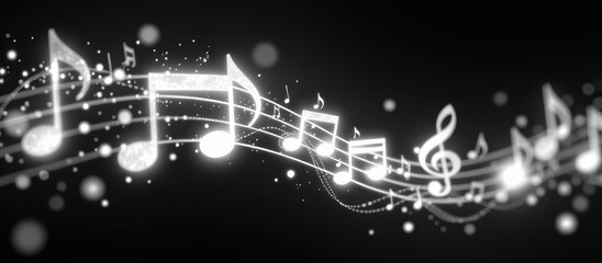Musical notes flowing elegantly against a dark background with shimmering effects.