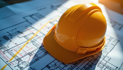 Construction helmet resting on architectural plans with sunlight illuminating the scene.
