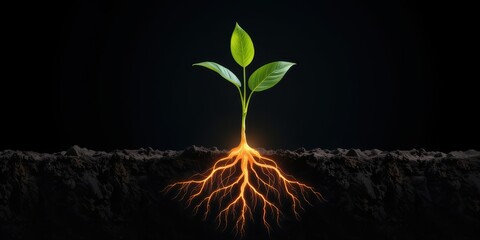 A sprouting plant with roots, symbolizing growth and life in dark soil.