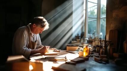 Craftsman restoring vintage furniture in workshop, wood dust and sunlight beams, attention to detail, slow living artistry, craftsmanship and tradition, heritage renewal, timeless