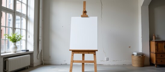 Empty artist studio with a blank canvas on an easel and natural light streaming in.