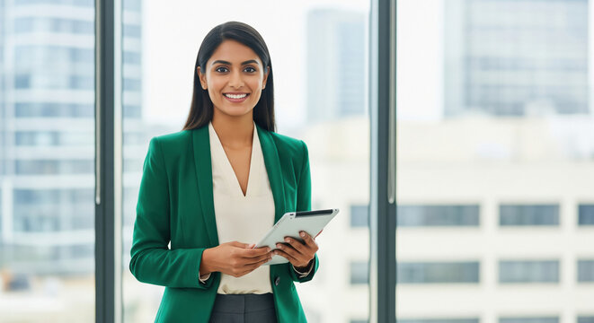 Confident Businesswoman Smiling, Holding Tablet in Modern Office