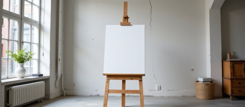 Empty artist studio with a blank canvas on an easel and natural light streaming in. - Powered by Adobe