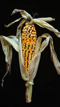 A single corn ear with kernels and husk, ideal for food or agricultural use