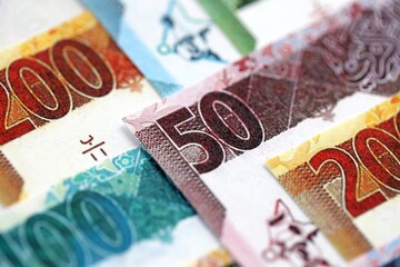 Qatari riyal money bills banknotes lies in big pile on table close up. Concept of finances and...