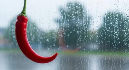 A vibrant red chili pepper hangs against a window covered in raindrops on a blurry outdoor background