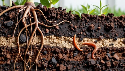 Roots and soil with earthworms, showcasing soil health and ecosystem balance.