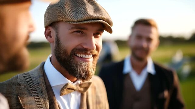 Friends playing traditional golf at countryside club, tweed outfits and laughter, 1920s leisure, elegance and sport, timeless camaraderie, refined nostalgia, pastoral scene, with c