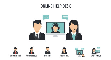 Online help desk illustration featuring customer service representatives and support staff.