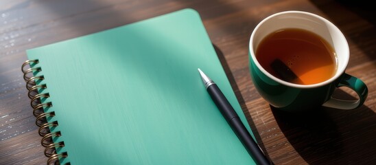 A notebook and a cup of tea on a wooden surface, illuminated by natural light.