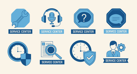 A collection of eight blue and white icons representing various aspects of a service center, including tools, communication, and time.