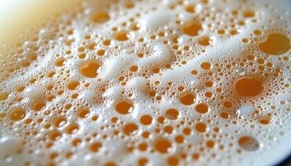 Close-up of bubbles in a frothy beverage with a golden hue.