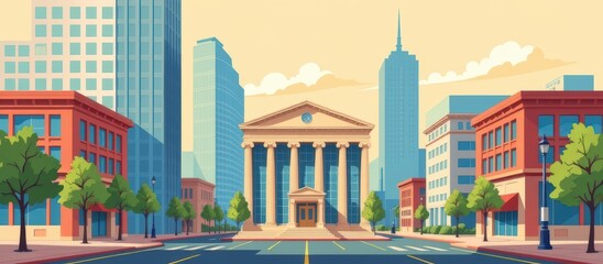 Urban scene featuring buildings, trees, and a clear sky.