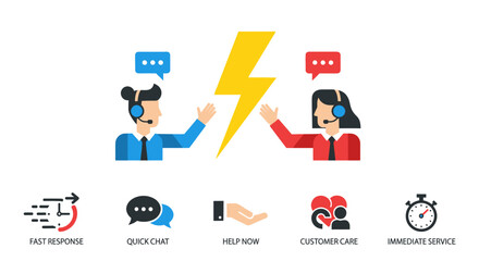 Customer service representatives with icons for fast response, quick chat, help, care, and immediate service.