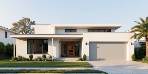 Modern house with a sleek design and a spacious front yard.