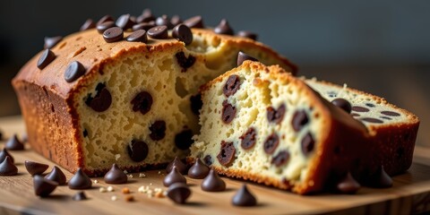 Delicious chocolate chip loaf cake on a wooden board, freshly sliced and ready to enjoy.