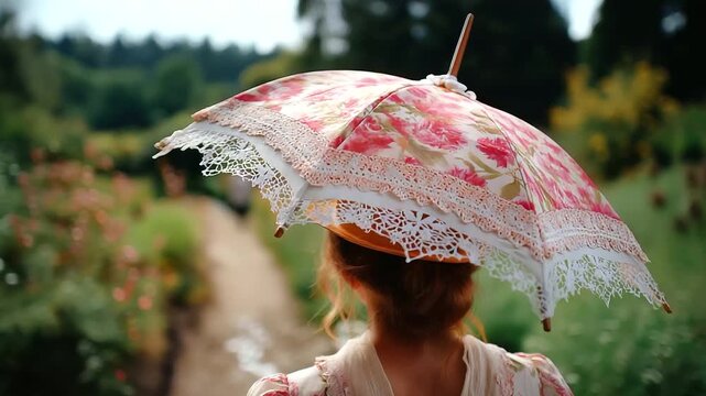 Lady strolling with vintage lace parasol in garden, floral path and soft wind, timeless elegance, old-world femininity, poetic nostalgia, cinematic beauty, serene atmosphere, with