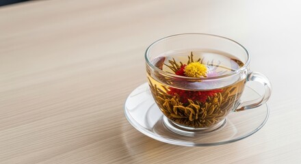 Fototapeta premium A blooming tea flower in a clear glass cup with saucer on a light wooden table background surface view