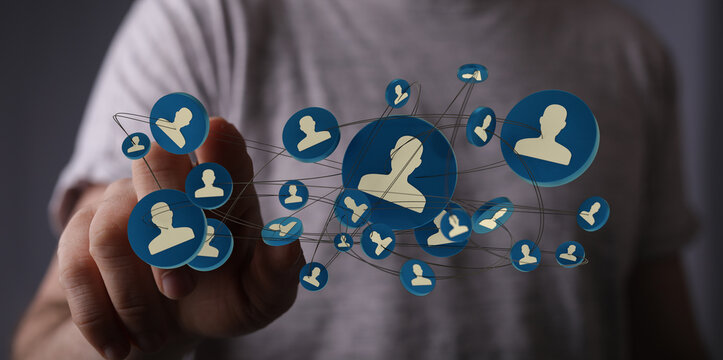 Conceptual image showcases social network connection using hand, communication, and technology.