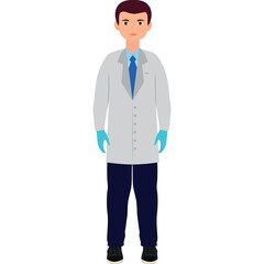 Male Scientist Standing In Lab Coat With Blue Gloves And Necktie In Dark Blue Pants And Black Shoes White Background