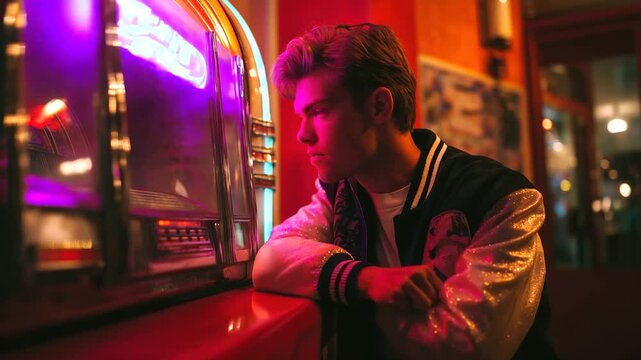 Man wearing vintage varsity jacket leaning on jukebox, neon glow and laughter, 1950s youth culture, nostalgia and energy, timeless confidence, retro nightlife, rock and roll aesthe