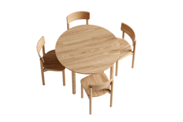 Round wooden table surrounded by four wooden chairs, top-down view