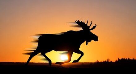 moose running fast and sunset 