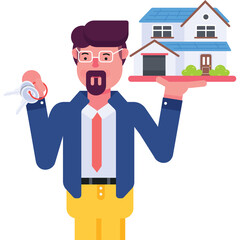 Man Holding Keys and Miniature House with Transparent Background Representing Real Estate Profession