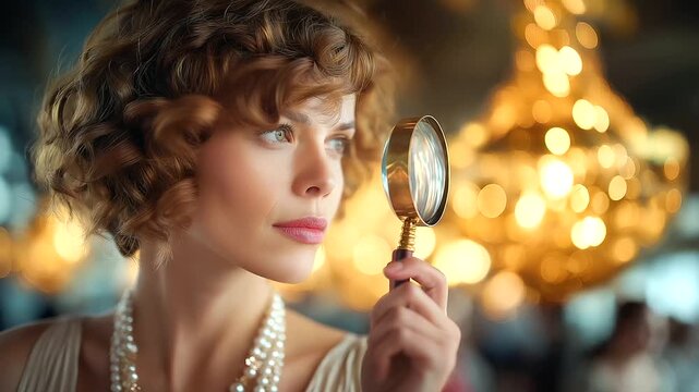 Woman at opera house holding lorgnette, elegant gown and pearls, golden chandeliers above, refined glamour, vintage culture, 1920s sophistication, timeless grace, with copy space